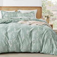 Duvet Cover Queen Size, Reversible Floral Green Duvet Cover Set with Zipper Clos