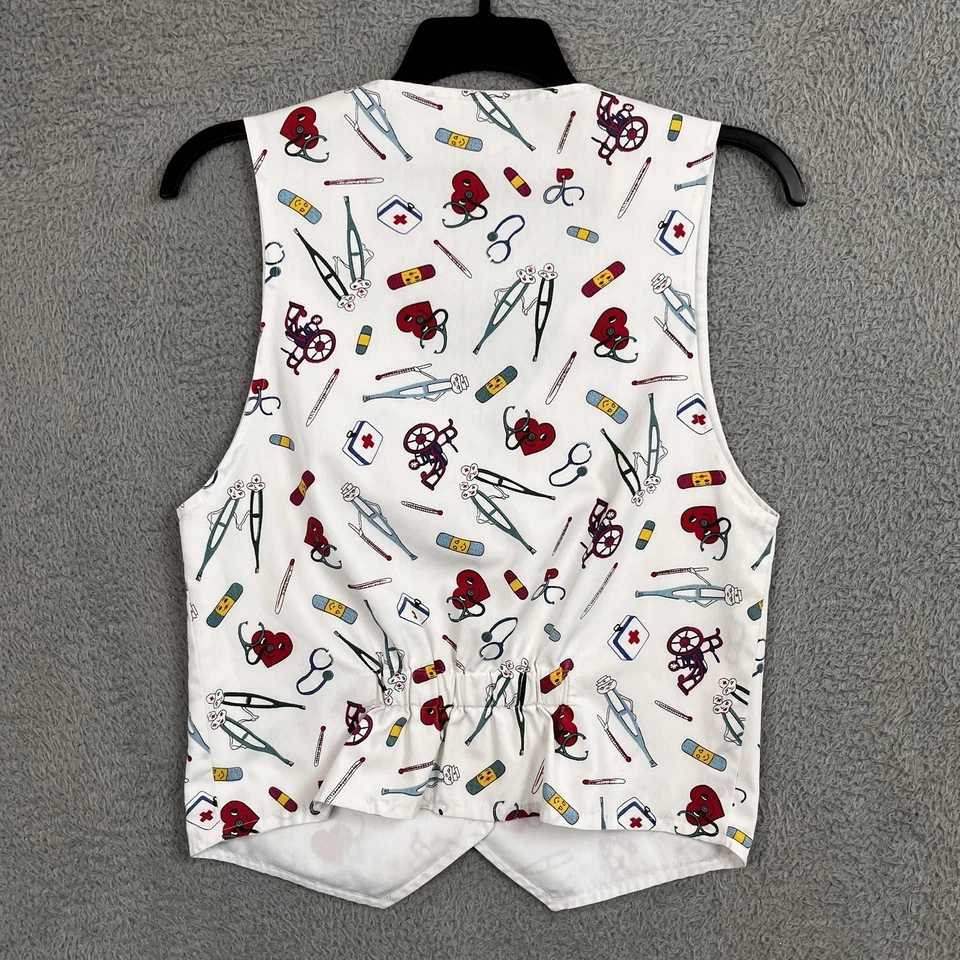 VTG Nurse Vest Womens XS/S Handmade Doctor Medical All Over Print Crutches Heart - Image 2 of 4