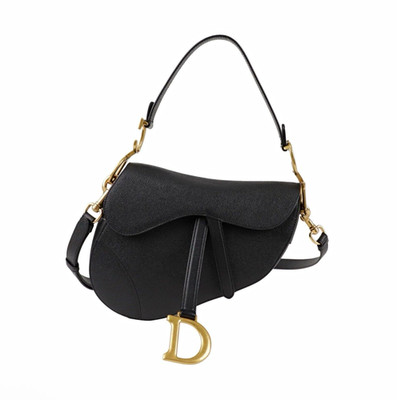 Dior Saddle Style Black Medium Shoulder Bag Grained Flap Gold Logo Detach Strap