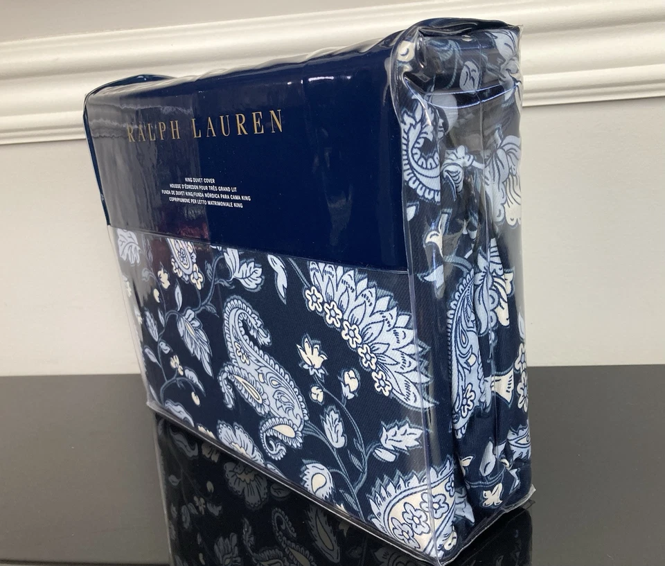 Funda nórdica Ralph Lauren Delphine cachemira algodón satén azul marino blanco REY Foto 3 de 4