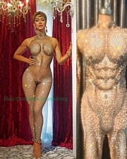 Men Women's Full Rhinestone Pearl Jumpsuit Stretch Bodysuit Dancer Stage Costume