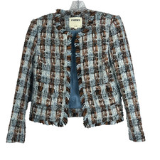 L'AGENCE Women's Size 2 Angelina Fringed Blue And Orange Plaid Tweed Blazer
