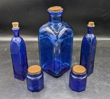 Lot Of 5 Cobalt Blue Glass Apothecary Medicine Bottles With Corks Various Sizes