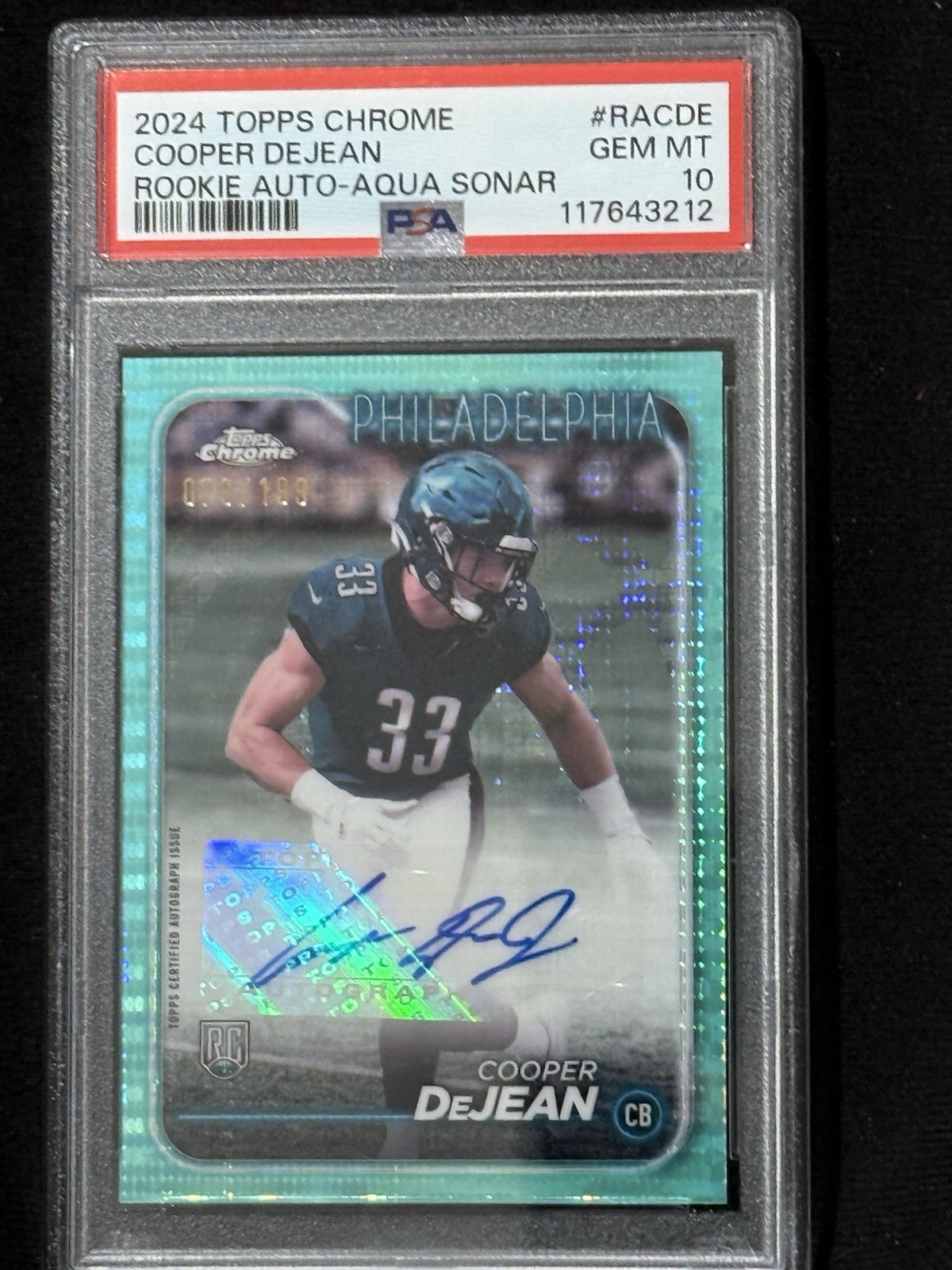 2024 Topps Chrome Cooper DeJean RC Rookie Auto Aqua Sonar Refractor /199 PSA 10