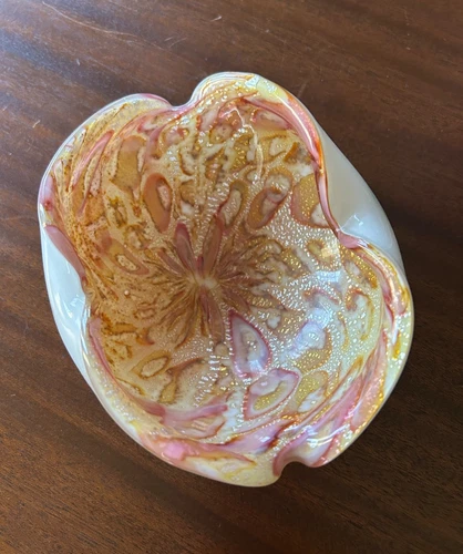 Vintage Murano White Cased Glass Pink Amber Metallic Trinket Dish Bowl