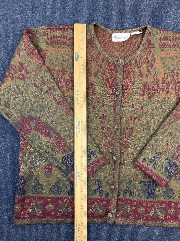 Cardigã suéter feminino vintage Weathervane grande verde vermelho tapeçaria floral anos 90 - Imagem 4 de 4