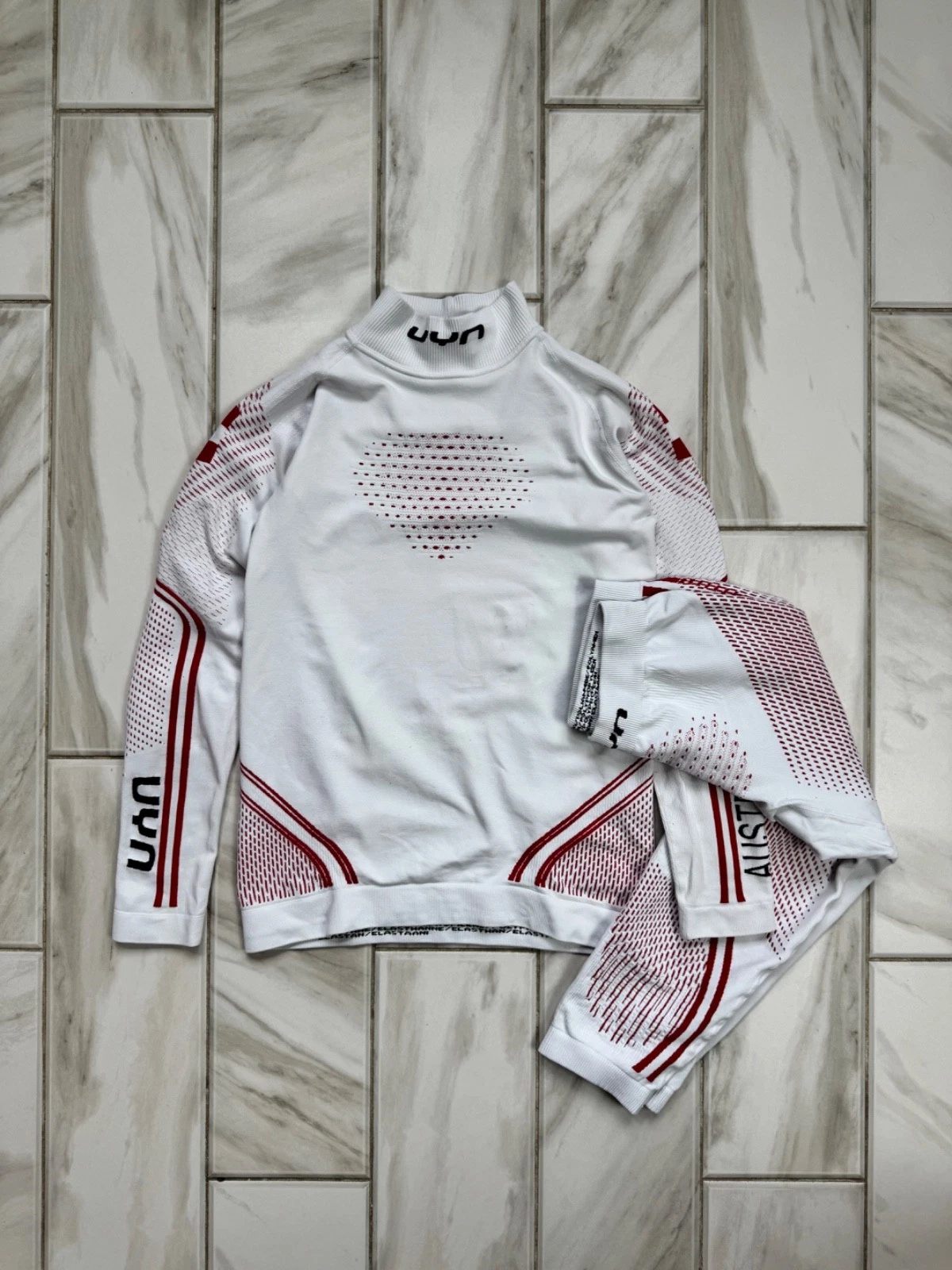UYN Natyon Austria Base Layer Set L/XL White Red Ski Underwear Mock Neck Pants