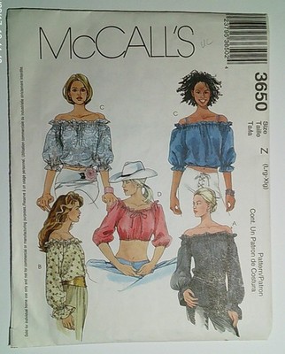 McCall's 3650 Sewing Pattern Off-the-Shoulder Peasant Tops Sizes L/XL 16-22 UC