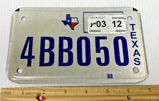 Texas Motorcycle License Plate 4BB050 Mar 12 Orange County Expired Display ONLY