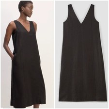 EVERLANE  European Flax Linen V Neck Midi Dress Size XL Black Eyelet Lagenlook