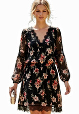 womens black/pink floral chiffon lace V-neck sheer mini dress size 8