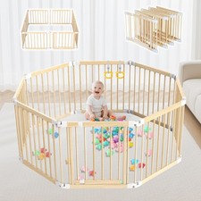 Foldable Wooden Playpen with Door: 8 Panel Adjustable Shape Playpen for