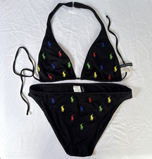 Vintage Ralph Lauren Multi Pony Logo Bikini Set Black-M Swimsuit Y2K Rare-B7