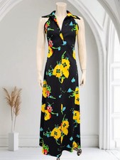 Vintage 70s Wide Lapel Sleeveless Black Yellow Floral Maxi Dress S