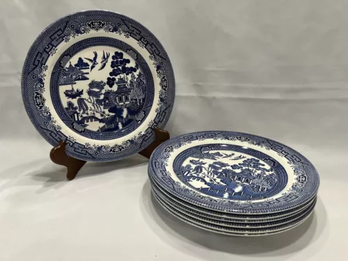 7pc Vintage Churchill Blue Willow Dinner Plates, 10.25”, Made In England, A2328