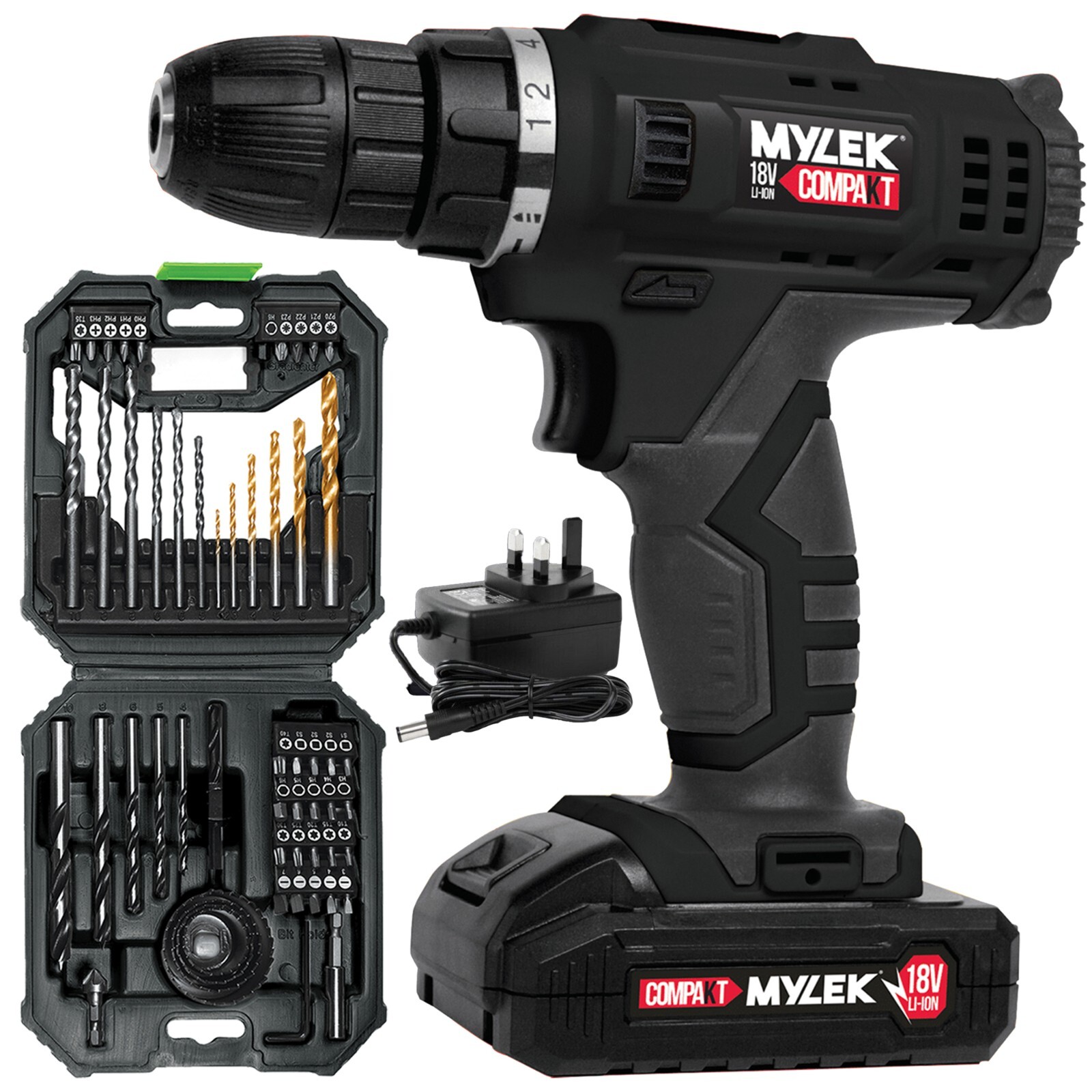 Mylek 18V Cordless Drill Electric Screwdriver Combi Power Tool & 56 Piece Set