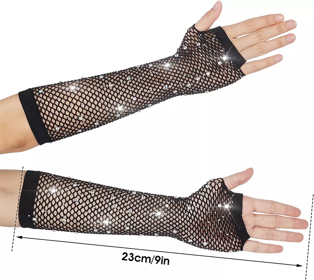 Black Long Rhinestone Fingerless Fishnet Gloves Steampunk Punk