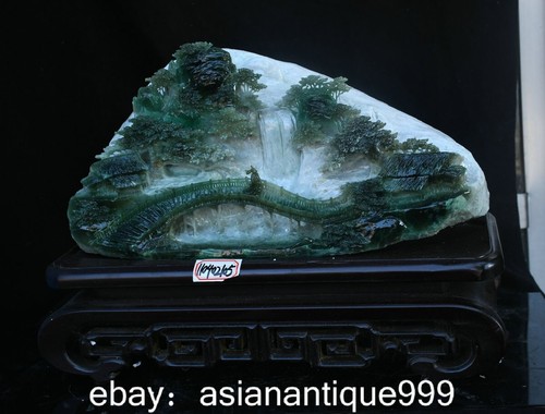 17.6" chinesische grüne Xiu Jade Schnitzen Brücke Menschen Baum Mluntain Statue - Bild 8 von 21