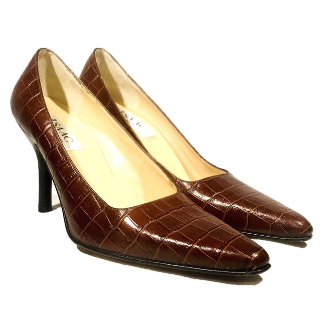 Isaac Mizrahi Womens Brown Leather Crocodile Embossed Kitten Heels Sz 7