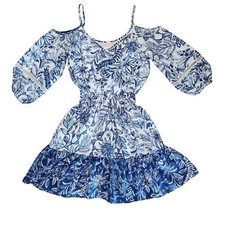 Eliza J. Size 2 Blue Floral Cold Shoulder Short Dress Smocked Waist Ruffle Hem