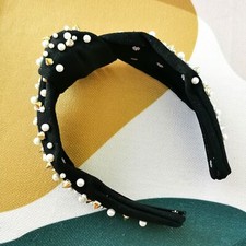 Lele Sadoughi white pearl Jet velvet Headband Gold stud NEW