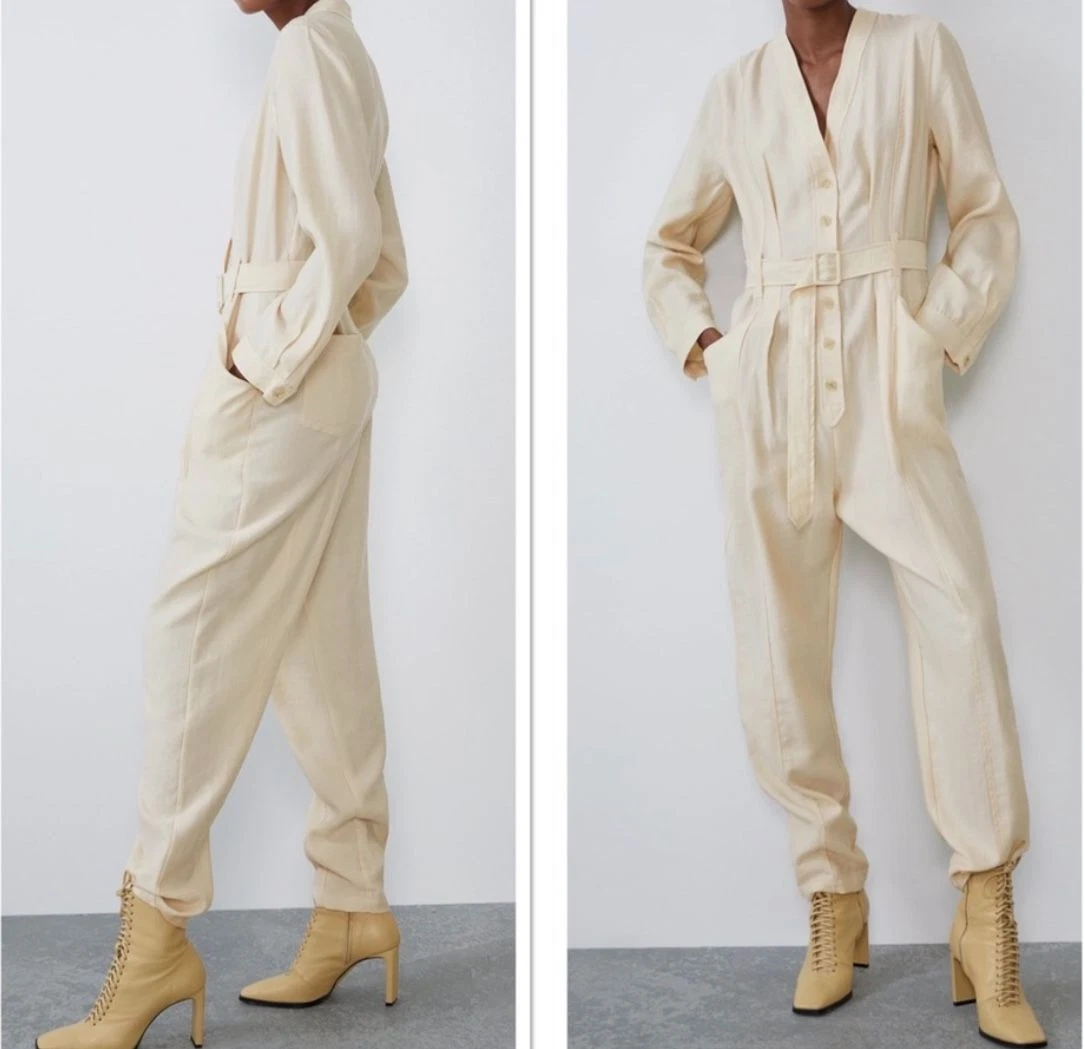 Zara Long Sleeves Jumpsuit In Cream Color Sz M eBay
