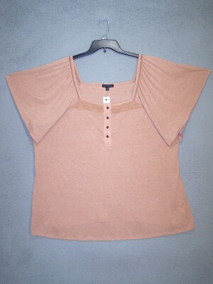 LANE BRYANT Top Womens 26/28 Brown Short Flutter Sleeve Square Neck Ladies