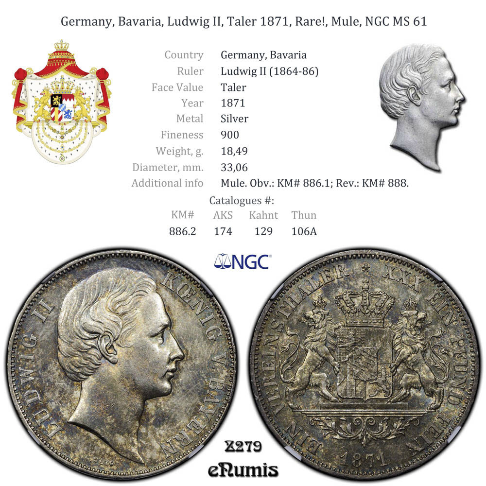 Germany, Bavaria, Ludwig II, Taler 1871, Rare!, Mule, NGC MS
