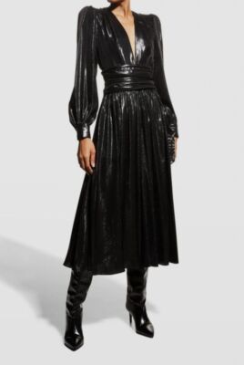 $3700 ALEXANDRE VAUTHIER Women's Black Metallic Silk Lame Midi Dress Size 42
