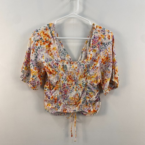 H&M Womens Medium Blouse Shirt Top Viscose Floral White Orange Short Sleeve - Picture 8 of 12