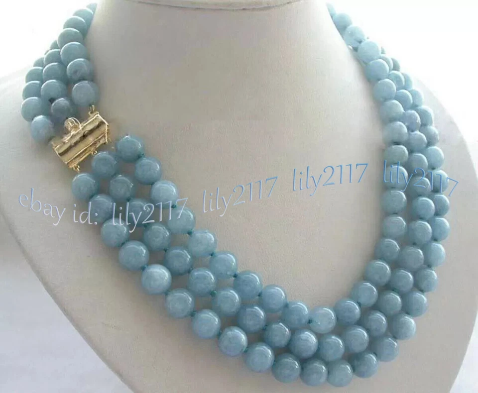 3 Rows Natural Blue Aquamarine Round Gemstone Beads Necklace 18-20'' 6/8/10/12mm - Image 2 of 4