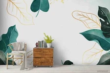 3D Green Gold Leaves Self-adhesive Removeable Wallpaper Wall Mural