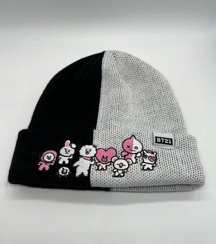 BTS BT21 Hot Topic Beanie Hat Women Black White Pink Embroidered Skullcap Winter
