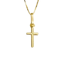 Solid 14K Yellow Gold 0.7" Cross Pendant with 0.5mm Box Chain Necklace - PT143