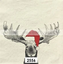 (2556) TWO Paper LUNCHEON Decoupage Art Craft Napkins - CHRISTMAS MOOSE with HAT