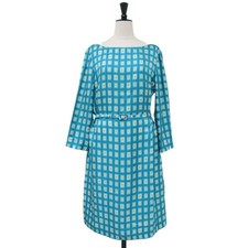 PRADA Dress Light Blue 42 (xl) Square Pattern Silk Midi Length Long Used BEEG-0