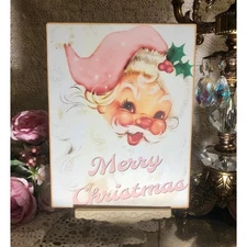Pink Retro Santa, MERRY CHRISTMAS Handcrafted Sign / Plaque