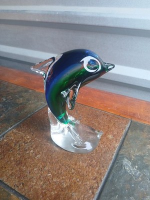Dolphin Art Glass 6'' Cobalt Blue Clear Murano Style Sculpture Paperweight