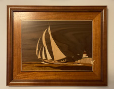 Vintage Hudson River Inlay Wood Marquetry Art Full Sail  24x19 Framed