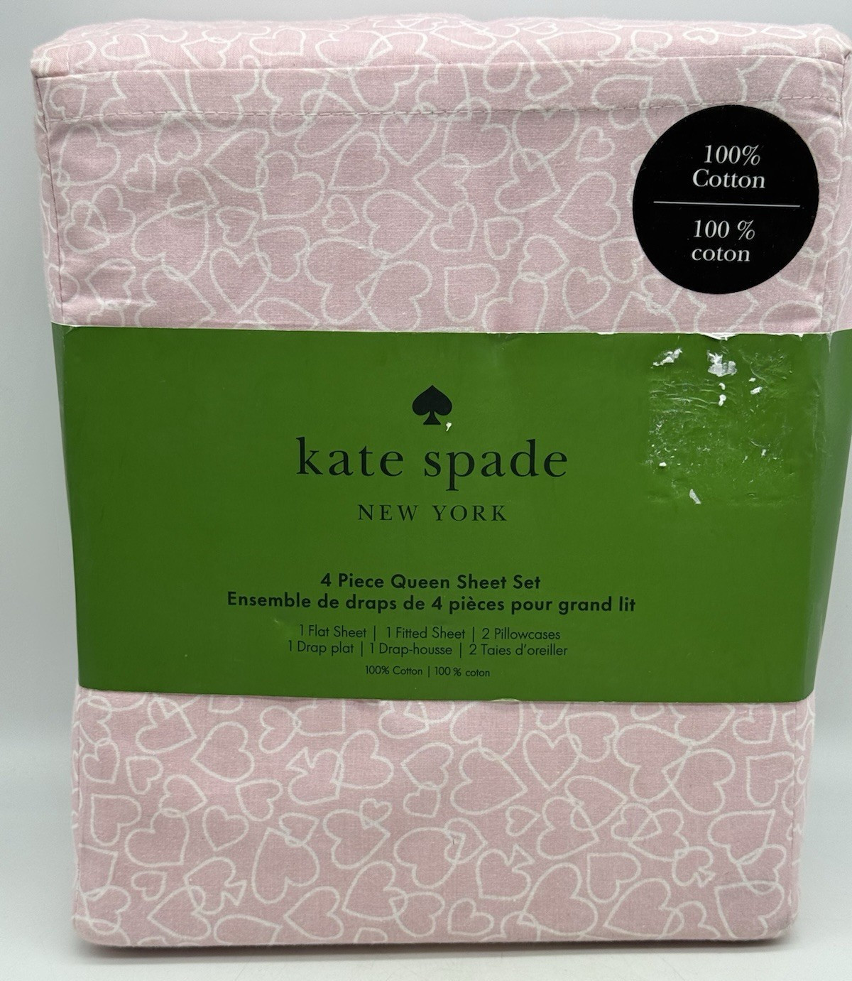 Kate Spade Queen Sheet Set 100% Cotton Percale Chalk Pink Outline Hearts NEW