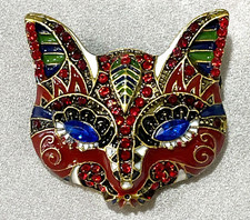 NWOT Small Cat Face Brooch Pin Enamel Rhinestone Mask Mardi Gras Red Green