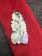 VTG Carved Light Green Lavender Natural Jade 14K Gold Large 2” Floral Pendant