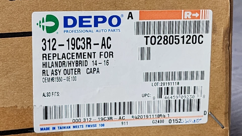 LUZ TRASERA HALÓGENA EXTERIOR LADO DERECHO TOYOTA HIGHLANDER 14-16 81550-OE100 NUEVA Foto 3 de 3