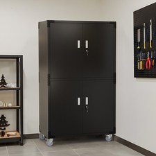 Large 4-Door Metal Cabinet with Adjustable Shelves, Pegboards, Casters and Lock