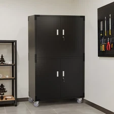 Large 4-Door Metal Cabinet with Adjustable Shelves, Pegboards, Casters and Lock