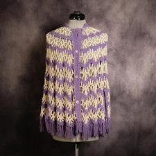 Vintage Women's White and Purple Wool Poncho