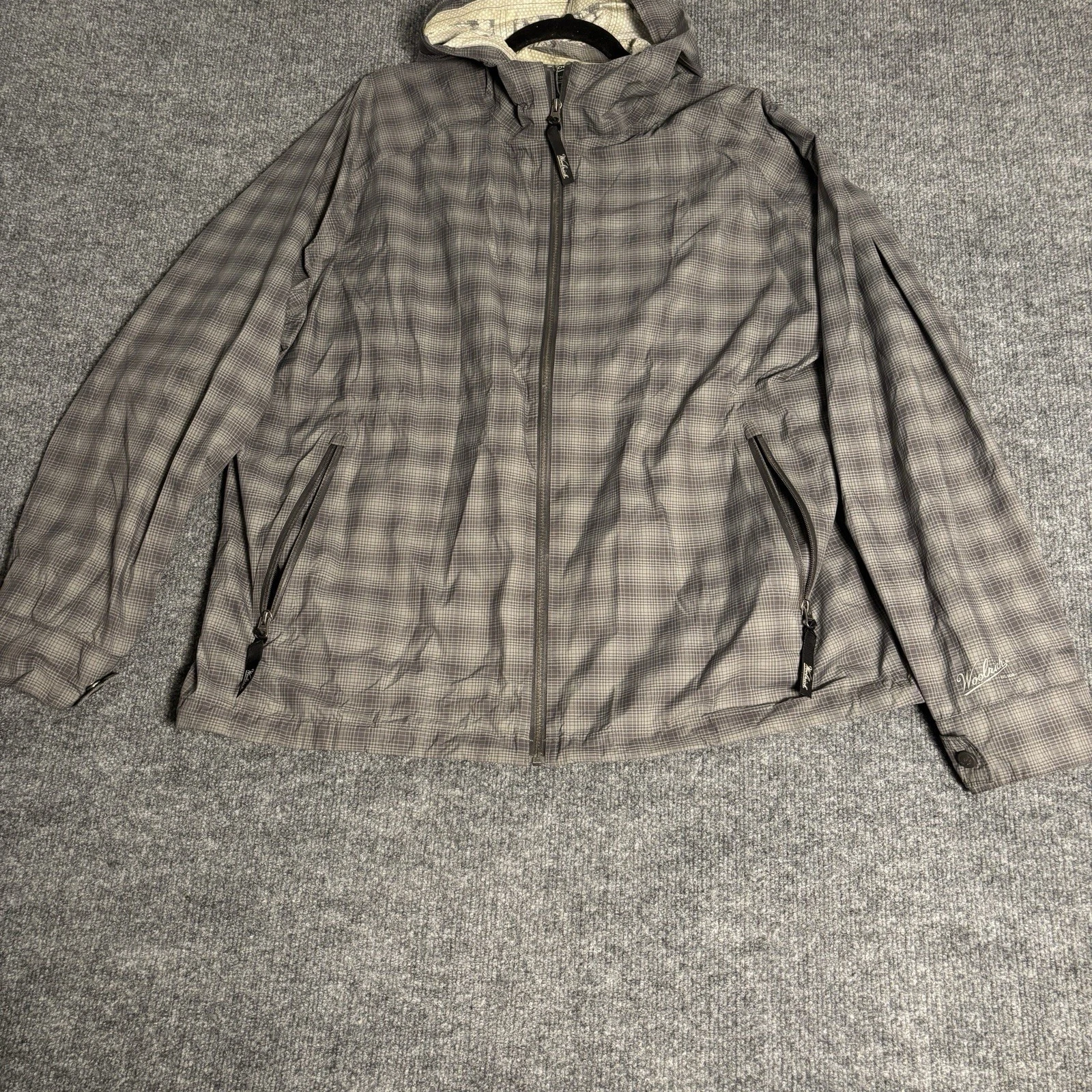 Woolrich Windbreaker Jacket Mens XL Slate Plaid Hooded Full Zip Outdoor Hiking