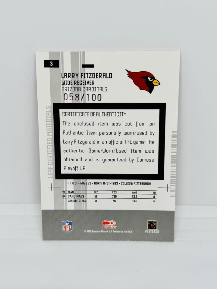 2005 Leaf Certified Materials Larry Fitzgerald Mirror Red Jersey /100 Cardinals - Image 2 of 2