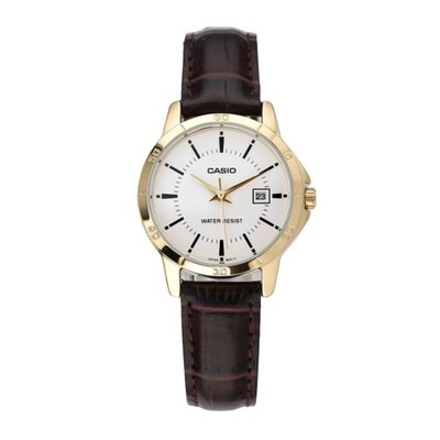 Casio Women s Gold Analog Watch with White Dial and Brown Leather Strap -