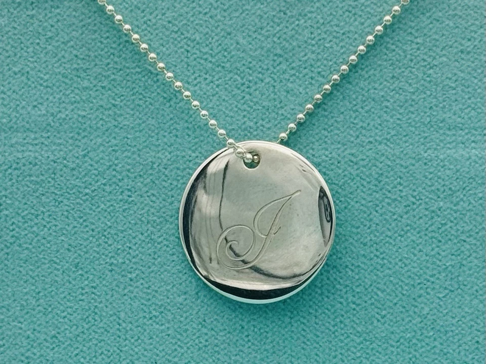 Tiffany & Co. Silver Alphabet Large Disc letter Initial "J" pendant 18" Necklace - Image 2 of 4